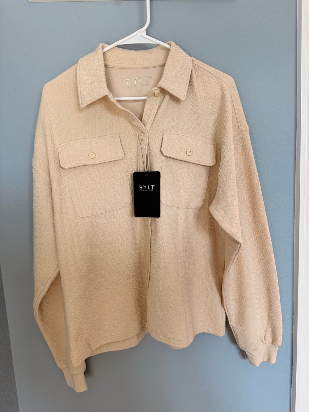NWT BYLT Beige Button-Up Serene Shacket Smell